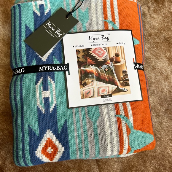 New 100% Cotton Throw Blanket Home Decor Tribal Aztec Boho Western Blue Orange - Picture 4 of 7